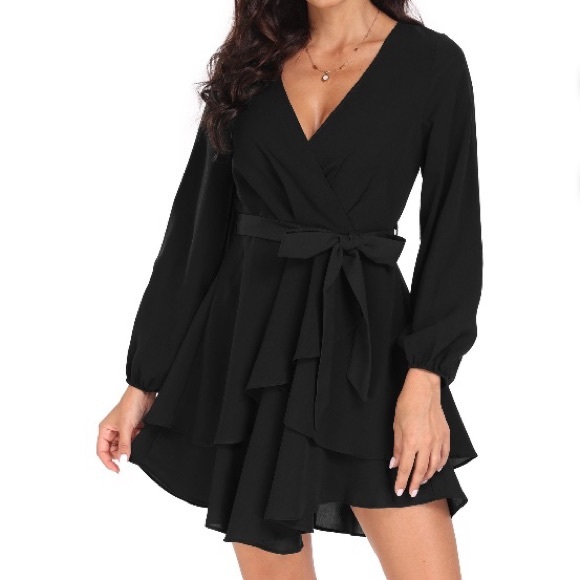 NEW Formal Black Bow Faux Wrap Long Sleeve Sexy Fit Flare Spring Cocktail Dress - Picture 17 of 17